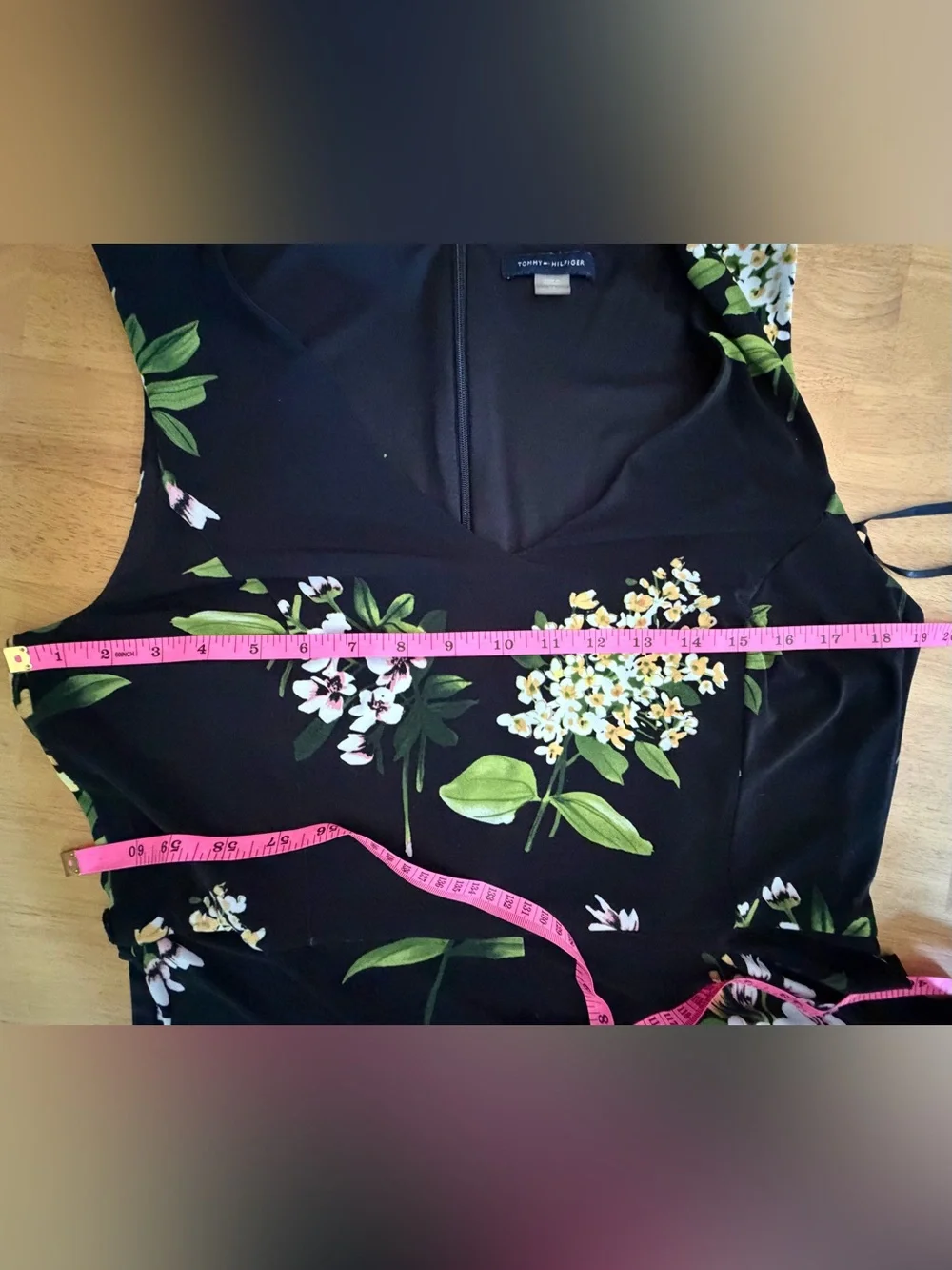 Sz 14 Tommy Hilfiger Black Green/White Floral V-Neck A-line Summer Dress Womens - Picture 5 of 7